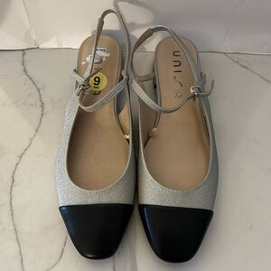 Unisa Women’s Slingback Heels Sparkly Silver Black Toe Size 9 Brand New Unworn